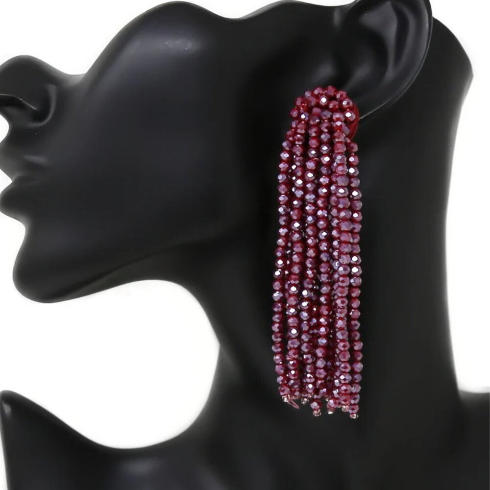 NEW Sparkling Glass Beaded Siam Purple Cascade Tassel Earrings Anthropologie - Picture 4 of 5